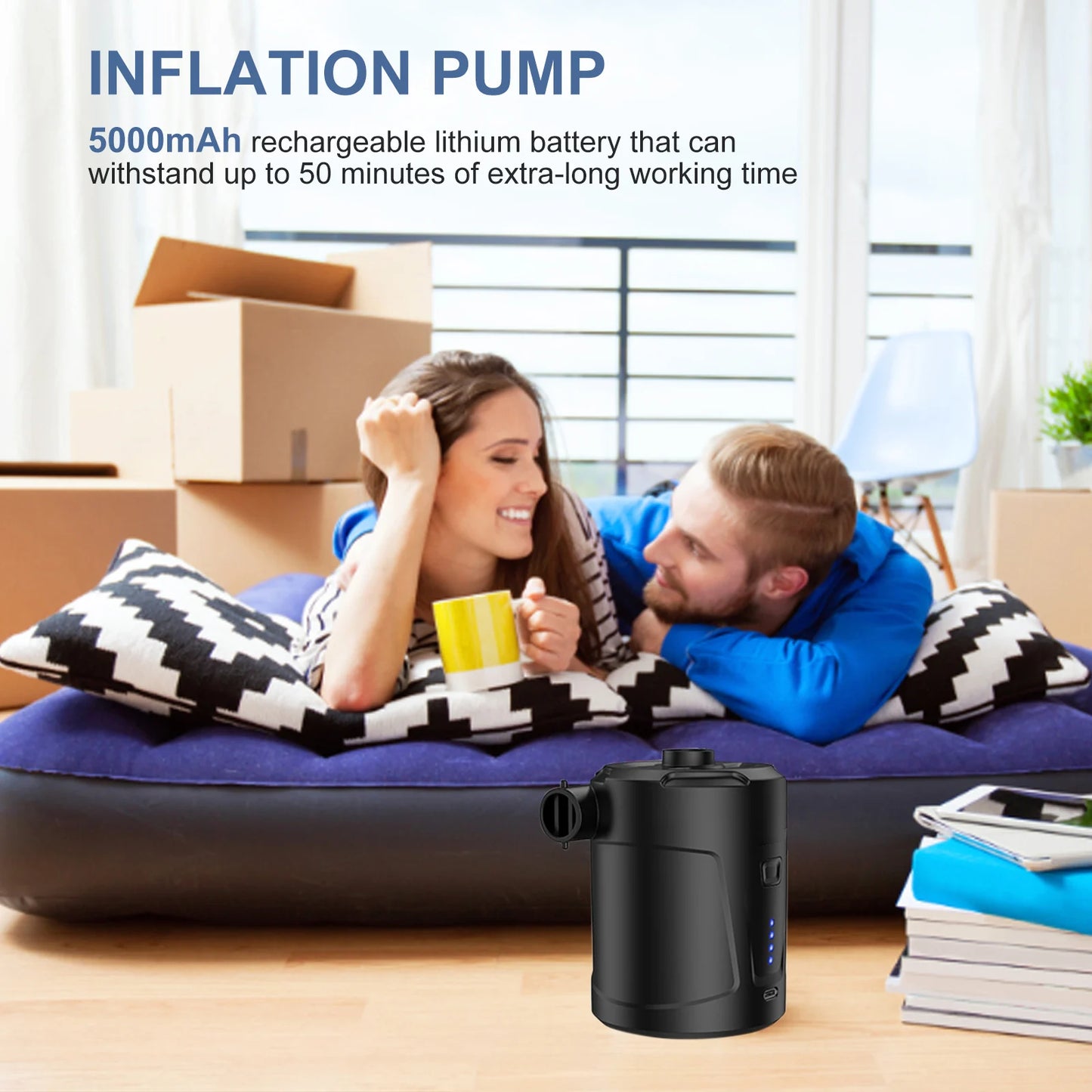 Electric Air Pump Inflator Battery Rechargeable Air Compressor Portable for PVC Boat Mattress Inflatable Swimming Pool Raft Bed